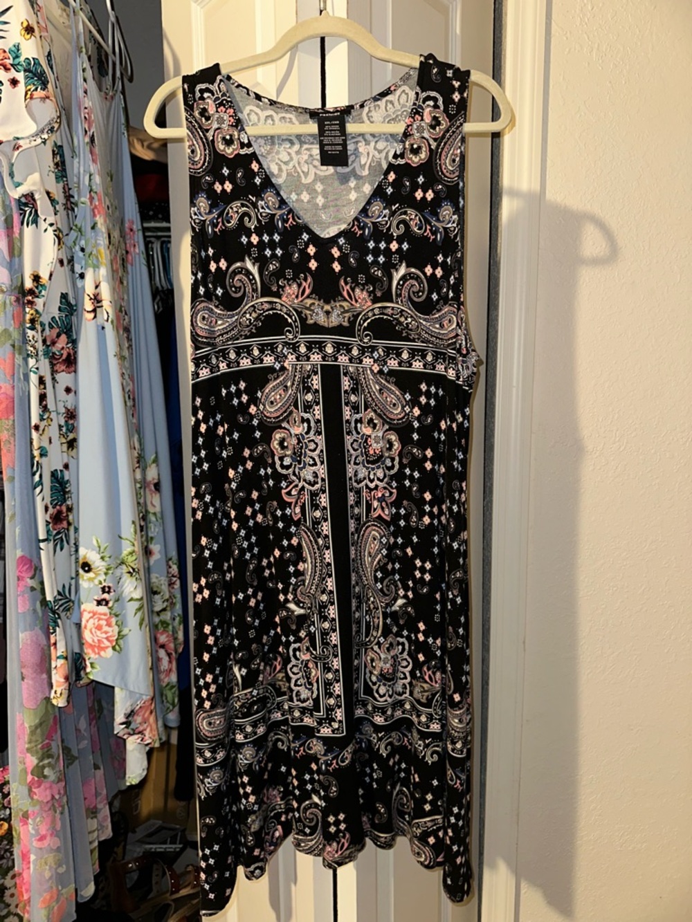 Premise Navy Blue Paisley V-Neck Midi Dress with Pink Accents